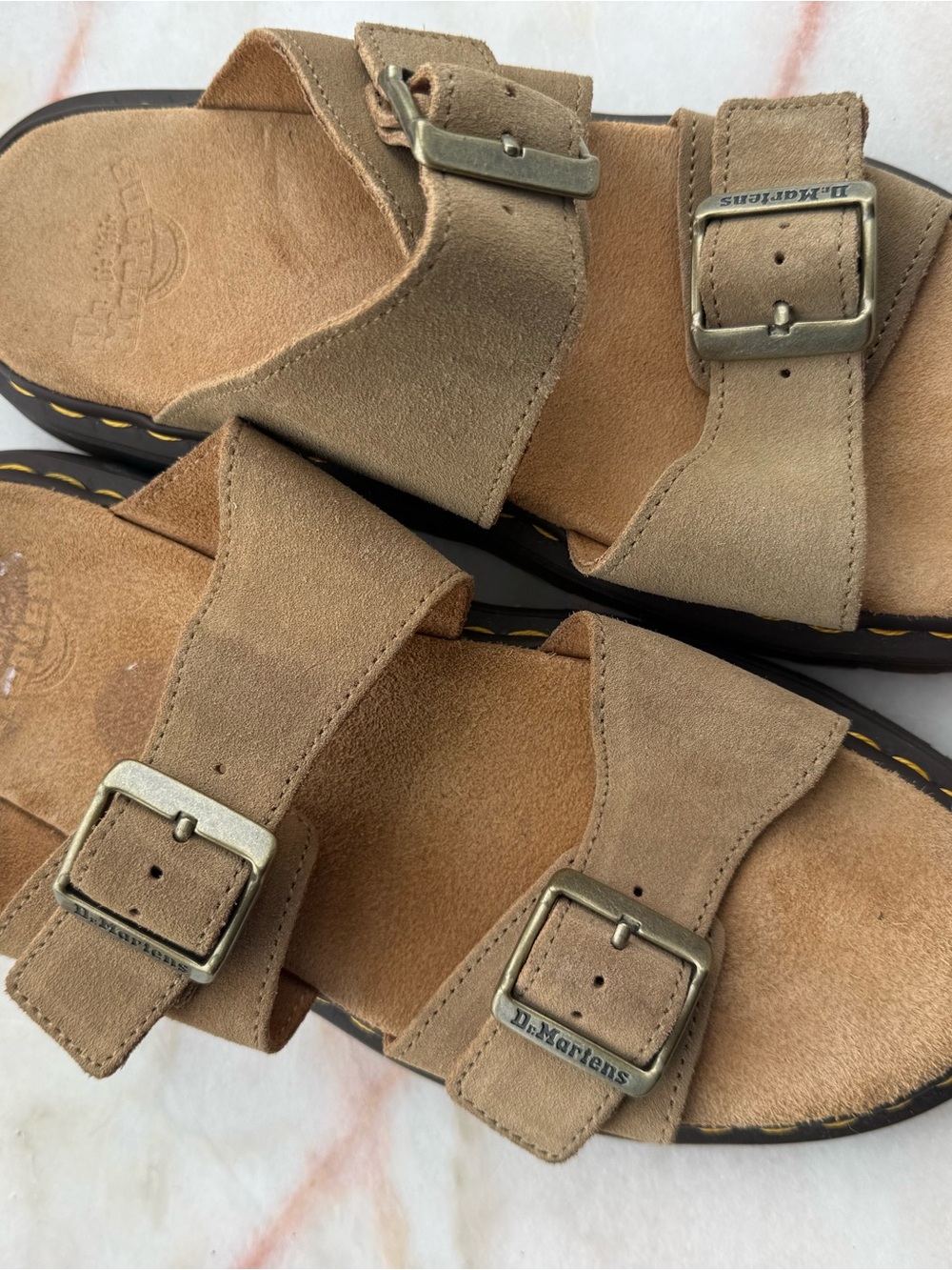 Dr. Martens Women's Tan Suede Double-Buckle Slide Sandals NEVER WORN